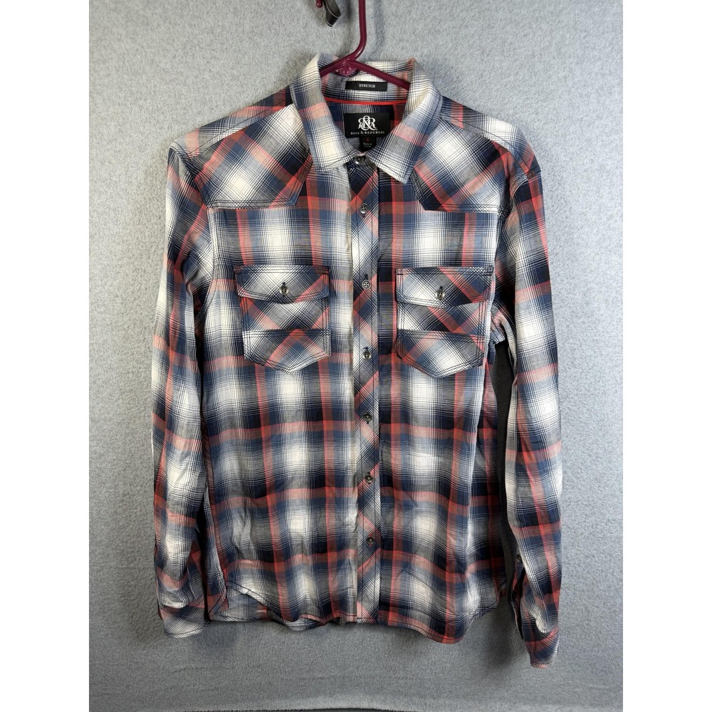 Rock & Republic Shirt Men's Small Blue Red Plaid Stretch Button Up Long Sleeve
